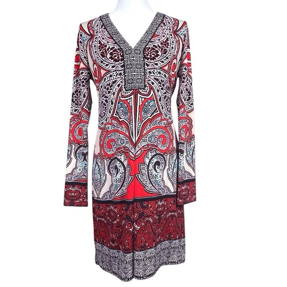 HALE BOB Paisley Jersey Shift Dress Size Medium Bohemian Long Sleeve V Neck Red - Picture 5 of 16
